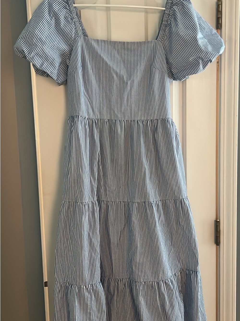 J. Crew Light Blue & White Striped Puff-Sleeve Tiered Dress
